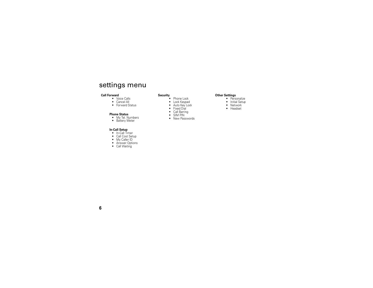 Settings menu | Motorola C139 User Manual | Page 8 / 174