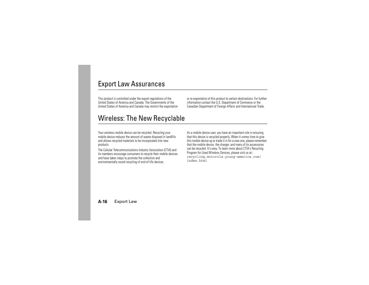 Export law, Recycling, Export law assurances | Wireless: the new recyclable | Motorola C139 User Manual | Page 80 / 174
