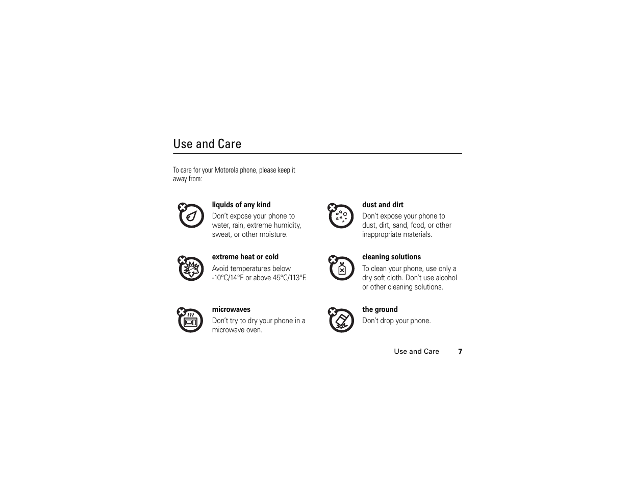 Use and care | Motorola C139 User Manual | Page 9 / 174