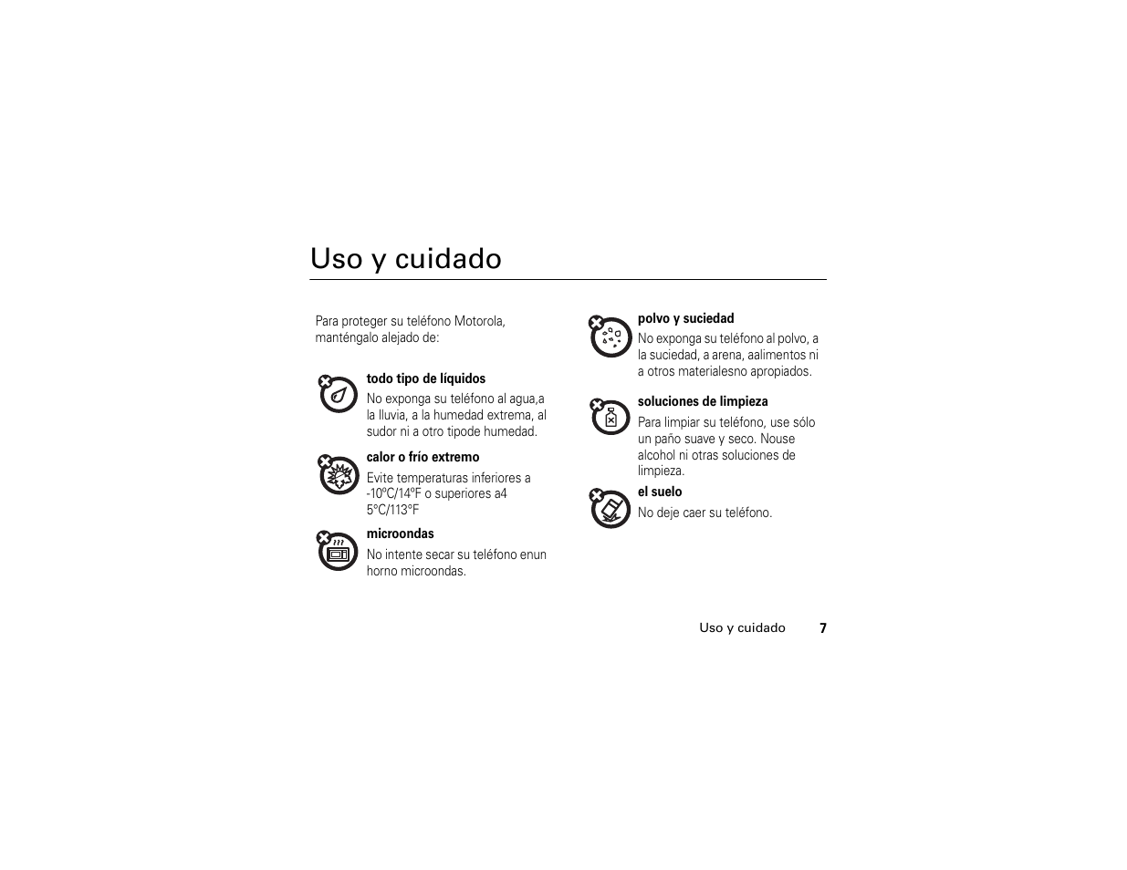 Uso y cuidado | Motorola C139 User Manual | Page 91 / 174