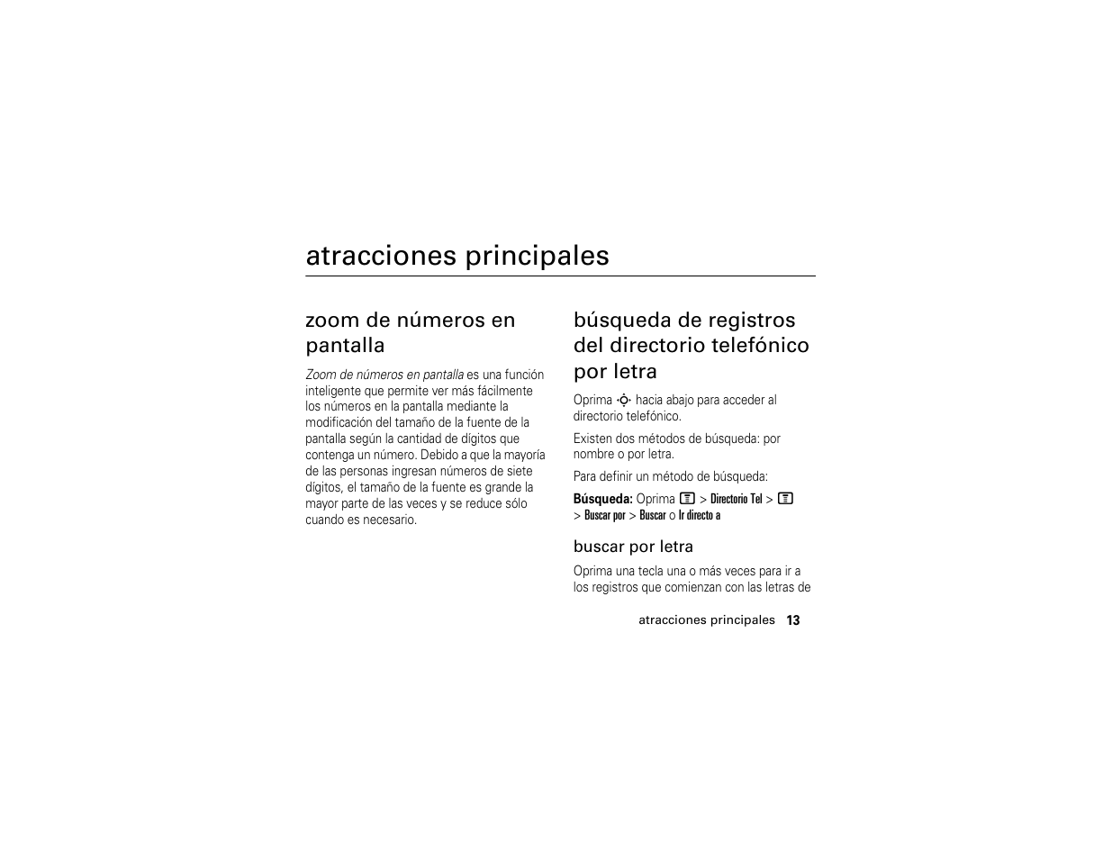 Atracciones principales, Zoom de números en pantalla | Motorola C139 User Manual | Page 97 / 174