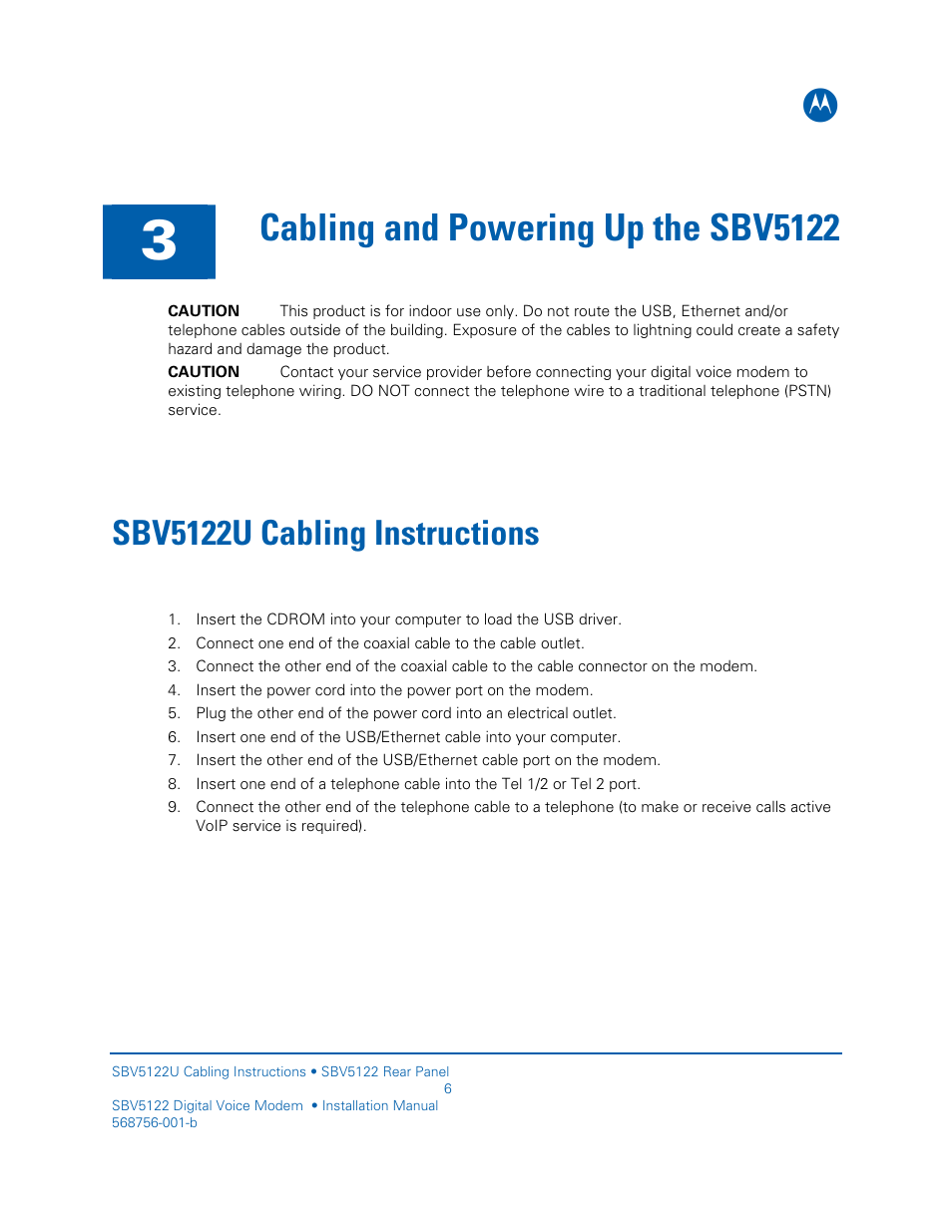 Cabling and powering up the sbv5122, Sbv5122u cabling instructions | Motorola DIGITAL VOICE MODEM SBV5122 User Manual | Page 14 / 24