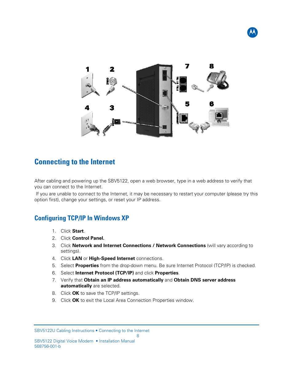 Connecting to the internet, Configuring tcp/ip in windows xp | Motorola DIGITAL VOICE MODEM SBV5122 User Manual | Page 16 / 24