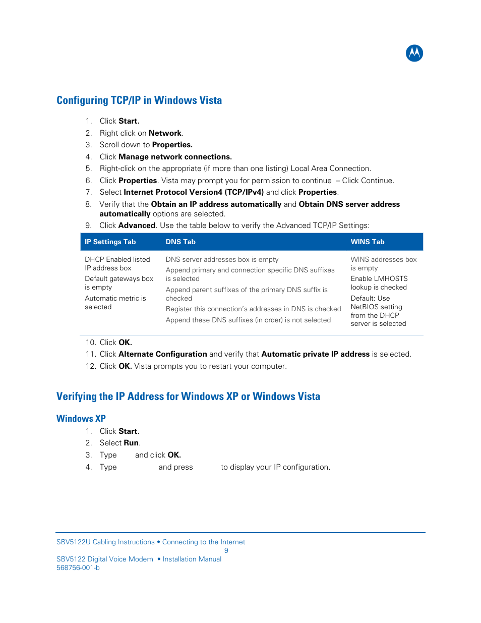 Configuring tcp/ip in windows vista | Motorola DIGITAL VOICE MODEM SBV5122 User Manual | Page 17 / 24