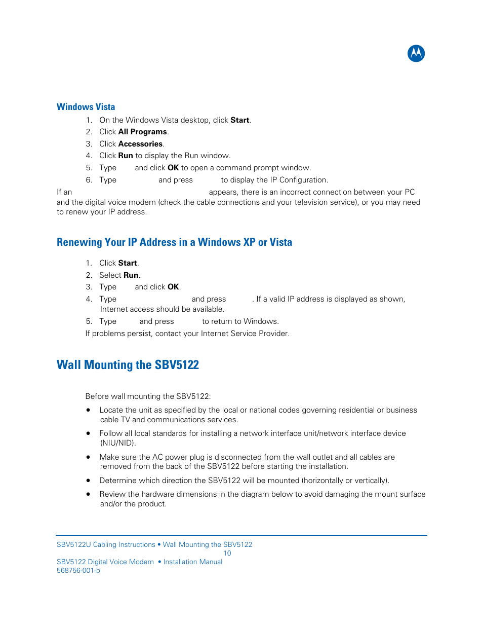 Renewing your ip address in a windows xp or vista, Wall mounting the sbv5122 | Motorola DIGITAL VOICE MODEM SBV5122 User Manual | Page 18 / 24