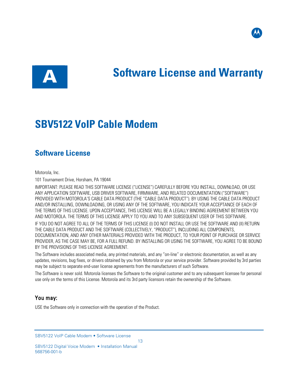 Software license and warranty, Software license, Sbv5122 voip cable modem | Motorola DIGITAL VOICE MODEM SBV5122 User Manual | Page 21 / 24