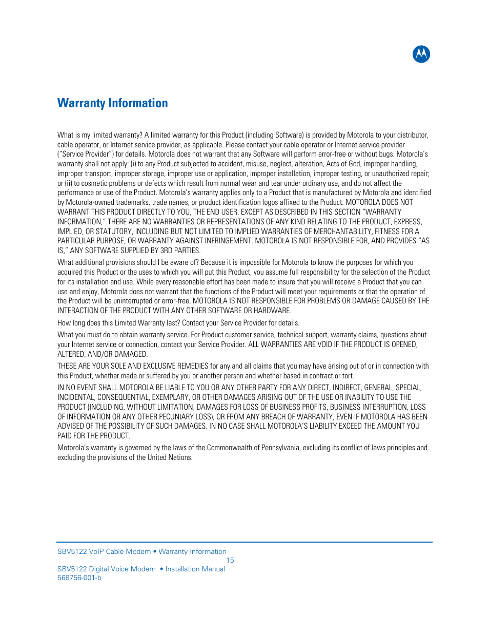 Warranty information | Motorola DIGITAL VOICE MODEM SBV5122 User Manual | Page 23 / 24