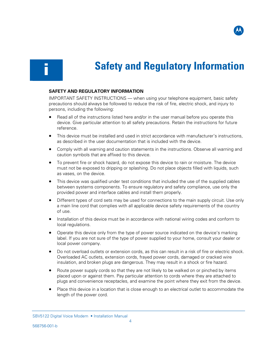 Safety and regulatory information | Motorola DIGITAL VOICE MODEM SBV5122 User Manual | Page 4 / 24