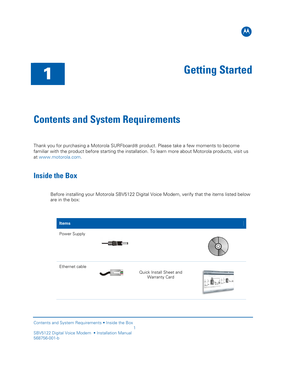 Getting started, Inside the box, Contents and system requirements | Motorola DIGITAL VOICE MODEM SBV5122 User Manual | Page 9 / 24