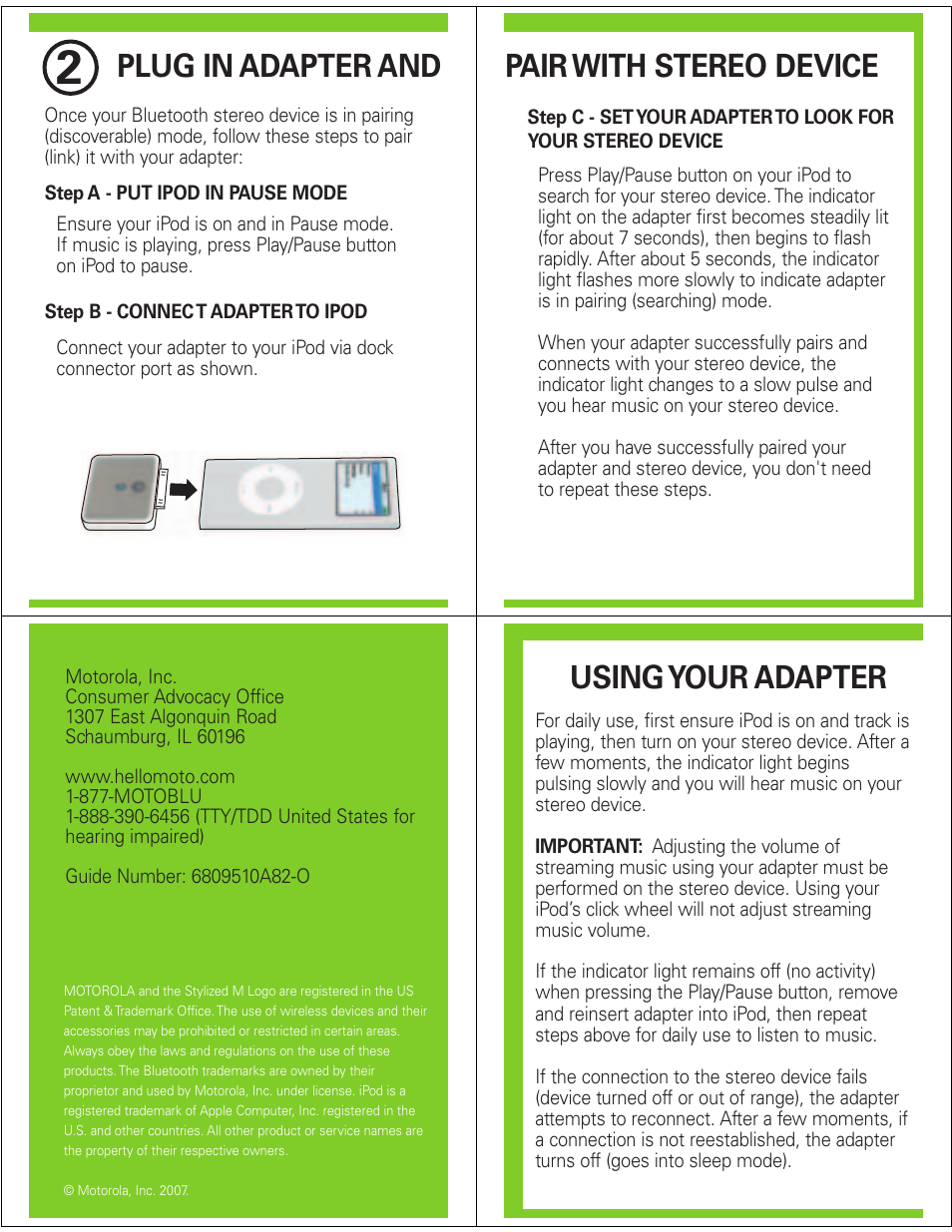 Plug in adapter and, Pair with stereo device, Using your adapter | Motorola MOTOSTART D650 User Manual | Page 2 / 6