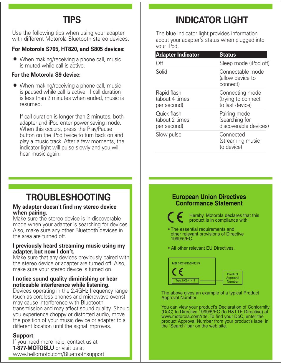 Tips, Indicator light, Troubleshooting | Motorola MOTOSTART D650 User Manual | Page 3 / 6