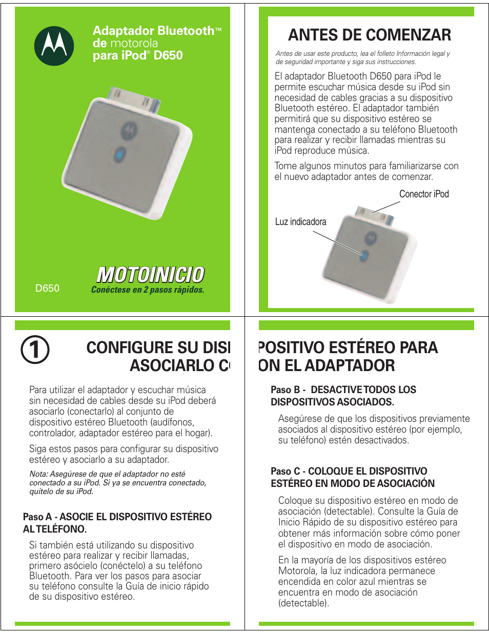 Motoinicio, Antes de comenzar, Configure su disp asociarlo co | Positivo estéreo para on el adaptador | Motorola MOTOSTART D650 User Manual | Page 4 / 6