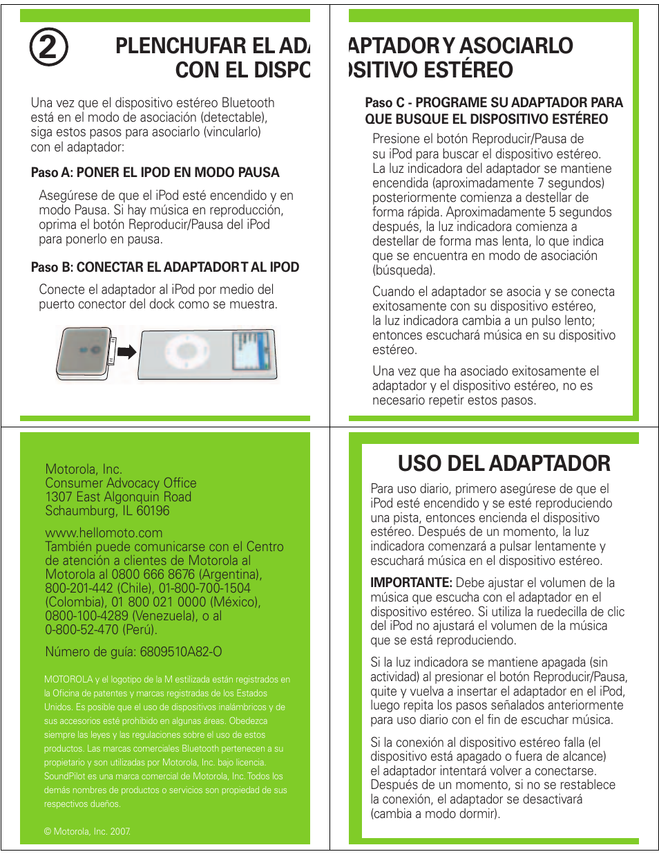 Plenchufar el ada con el dispo, Aptador y asociarlo ositivo estéreo, Uso del adaptador | Motorola MOTOSTART D650 User Manual | Page 5 / 6