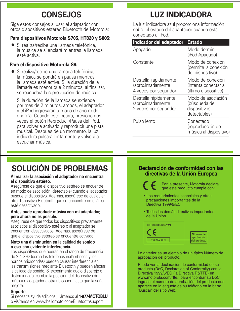 Consejos, Luz indicadora, Solución de problemas | Motorola MOTOSTART D650 User Manual | Page 6 / 6