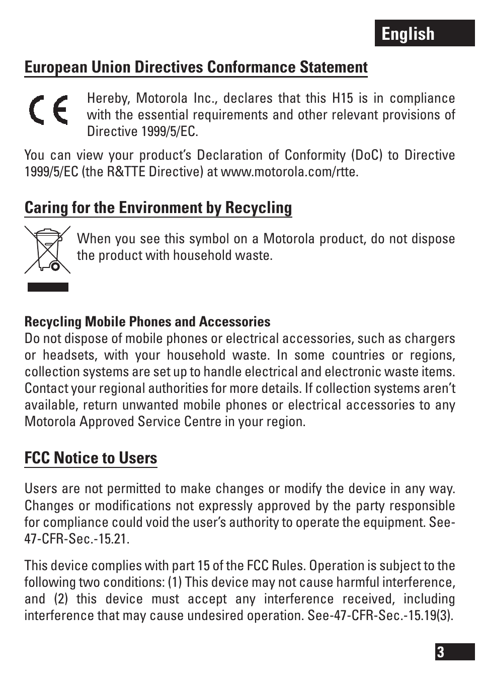 English | Motorola MOTOPURE H15 User Manual | Page 4 / 14