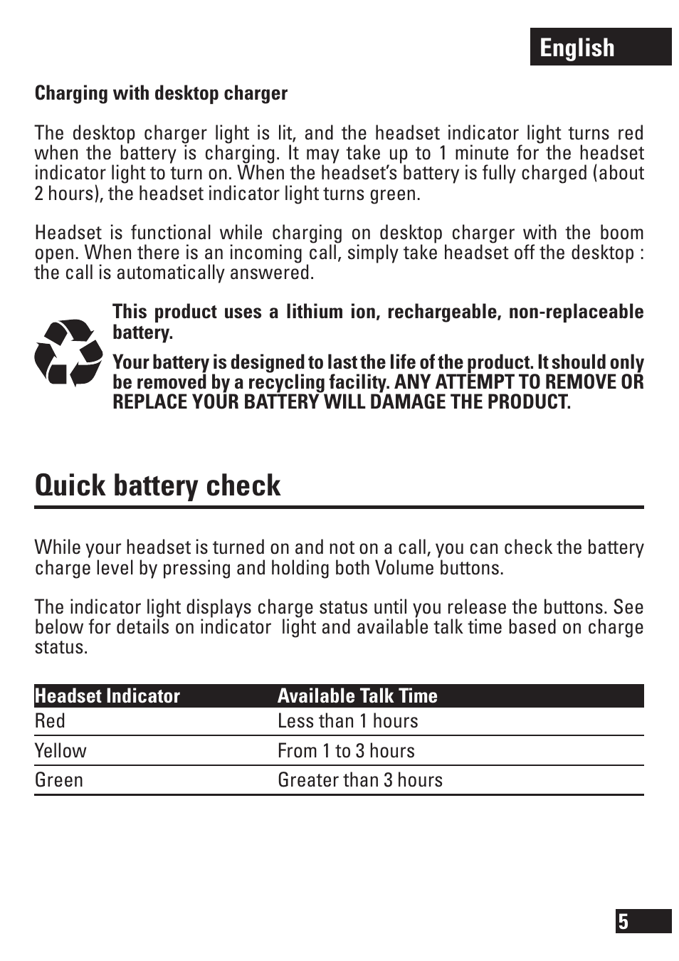 Quick battery check, English | Motorola MOTOPURE H15 User Manual | Page 6 / 14