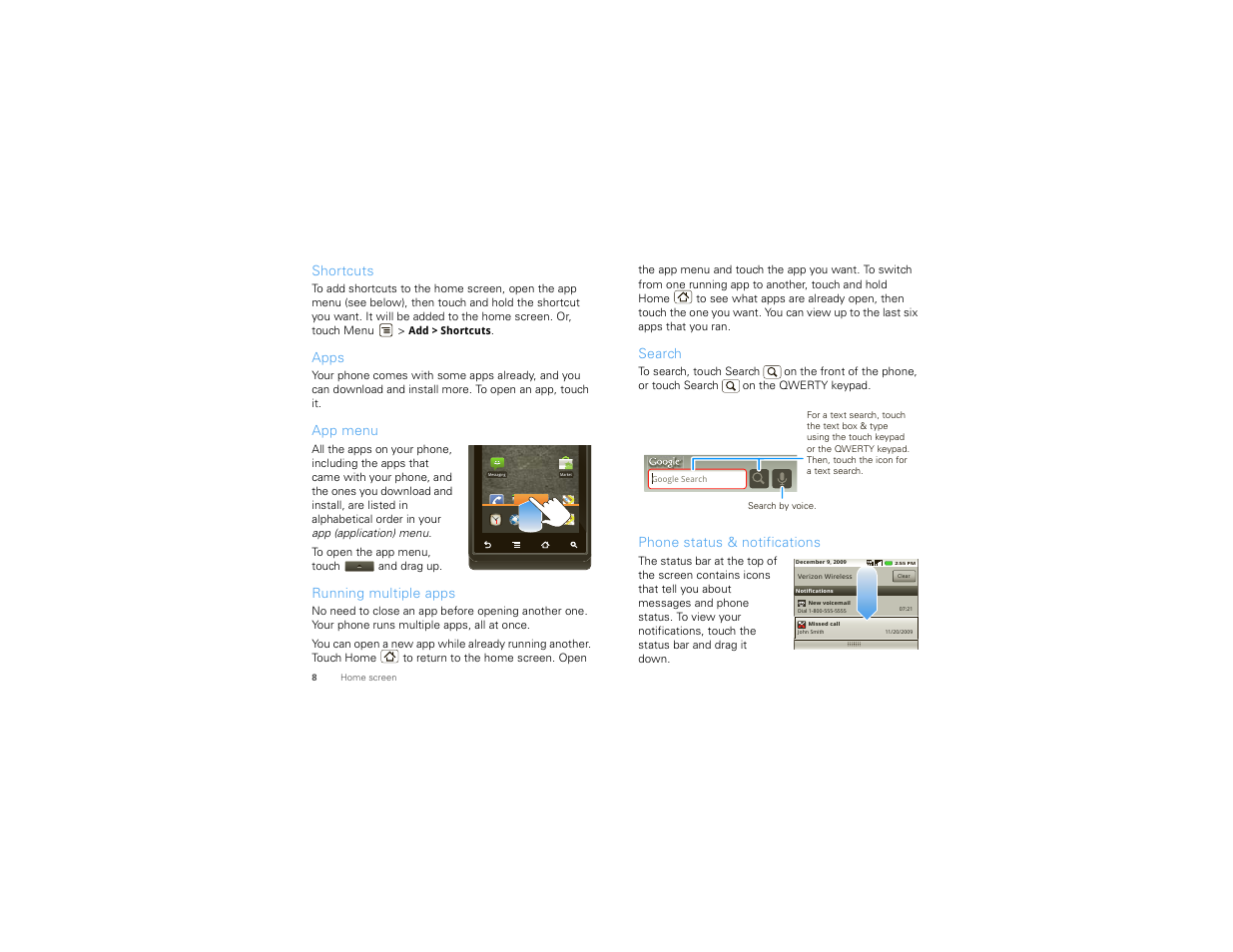 Shortcuts, Apps, App menu | Running multiple apps, Search, Phone status & notifications | Motorola 68000202474-C User Manual | Page 10 / 58