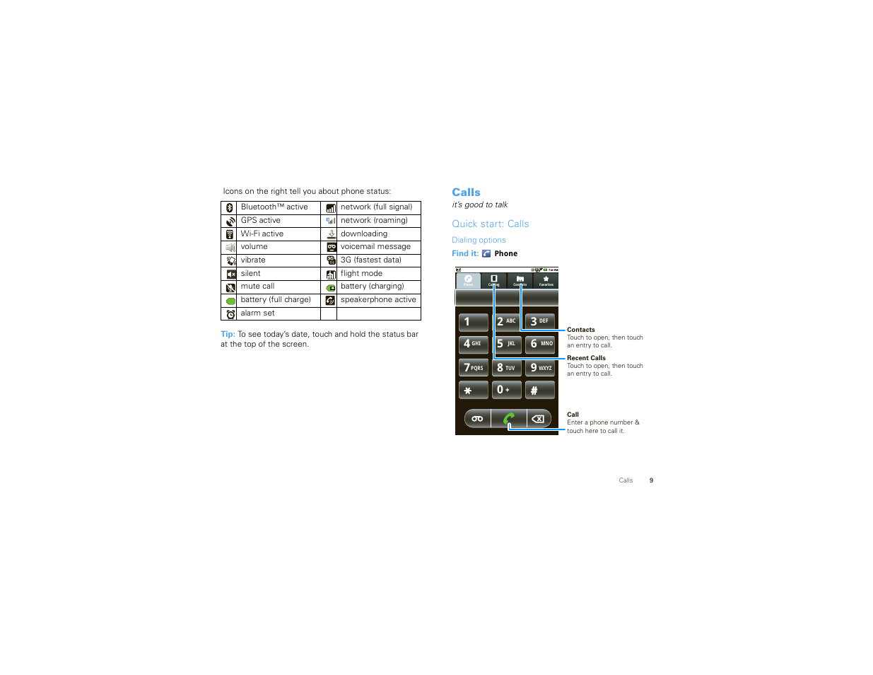 Calls, Quick start: calls | Motorola 68000202474-C User Manual | Page 11 / 58
