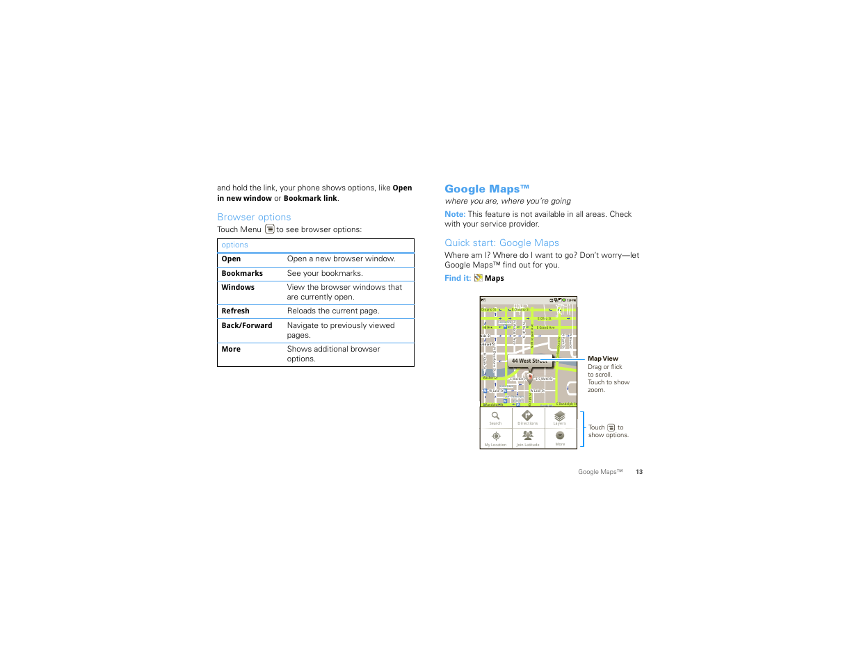 Browser options, Google maps, Quick start: google maps | Motorola 68000202474-C User Manual | Page 15 / 58