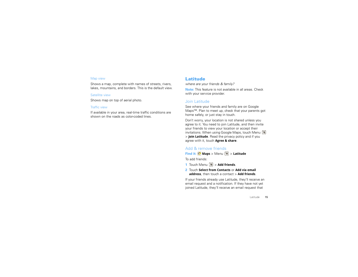Latitude, Join latitude, Add & remove friends | Motorola 68000202474-C User Manual | Page 17 / 58