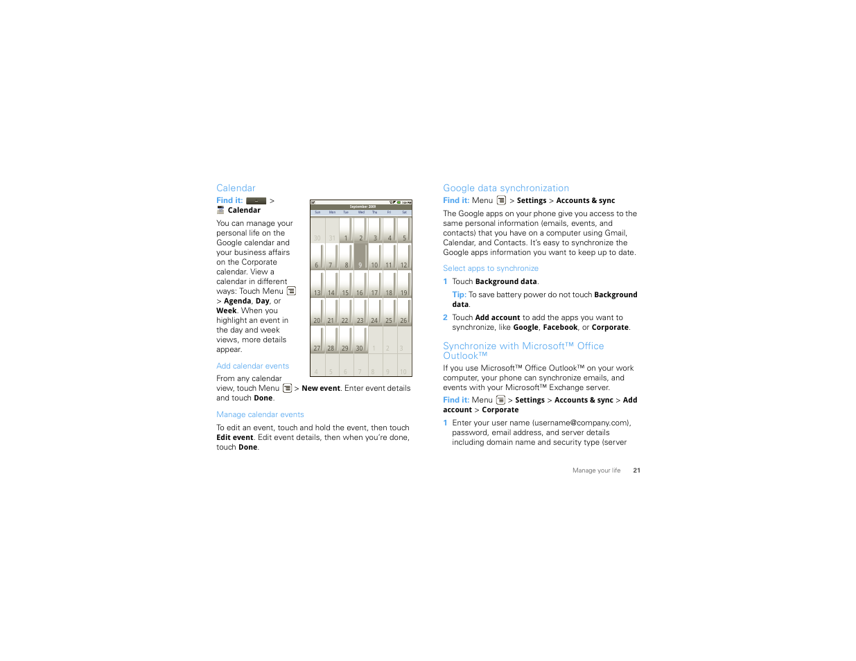 Calendar, Google data synchronization, Synchronize with microsoft™ office outlook | Motorola 68000202474-C User Manual | Page 23 / 58