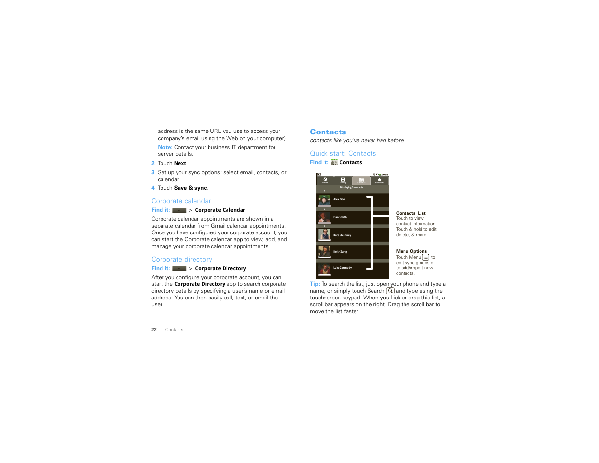 Corporate calendar, Corporate directory, Contacts | Quick start: contacts | Motorola 68000202474-C User Manual | Page 24 / 58