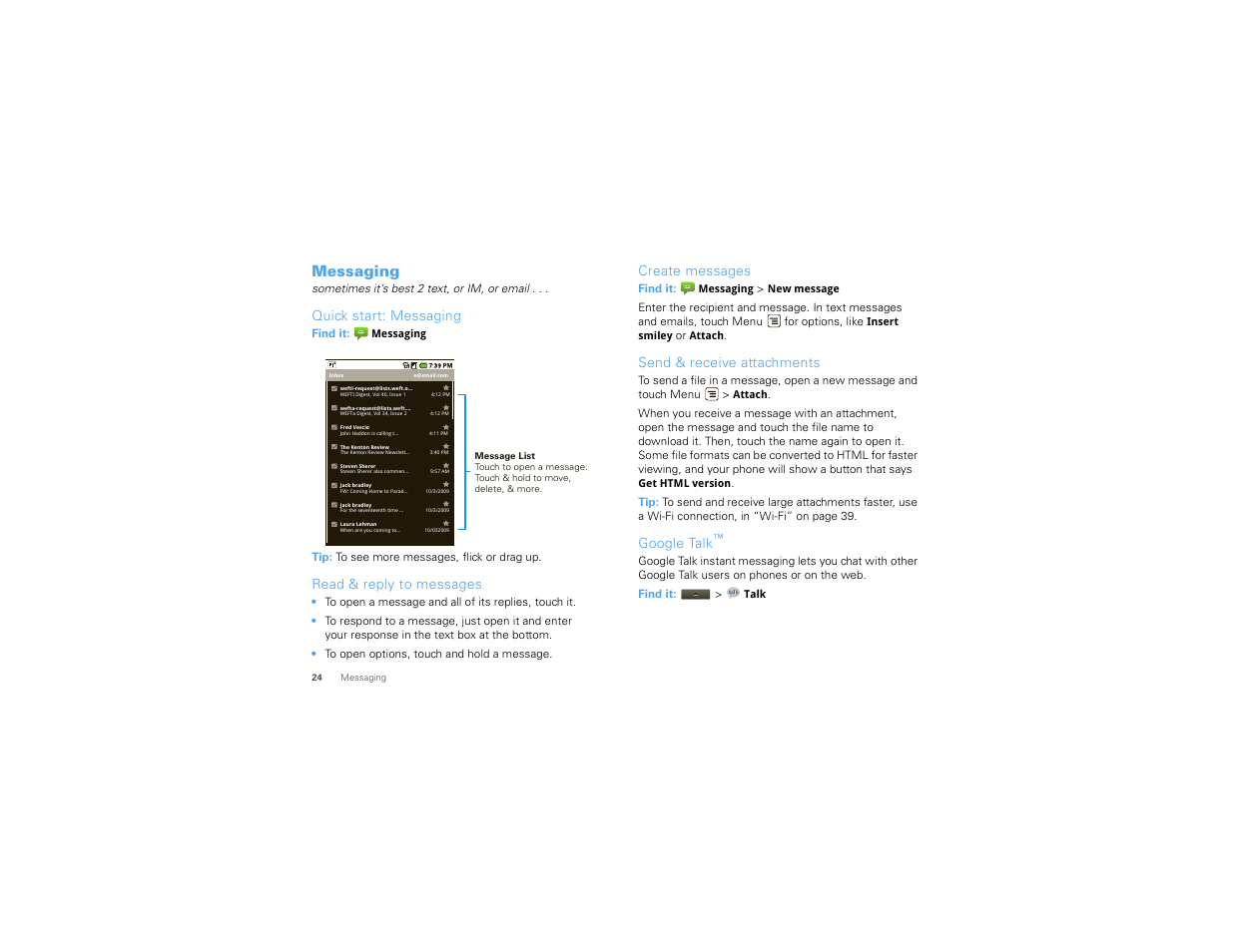 Messaging, Quick start: messaging, Read & reply to messages | Create messages, Send & receive attachments, Google talk | Motorola 68000202474-C User Manual | Page 26 / 58