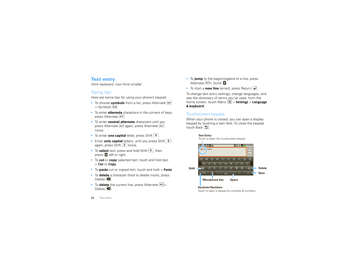 Text entry, Typing tips, Touchscreen keypad | Motorola 68000202474-C User Manual | Page 28 / 58