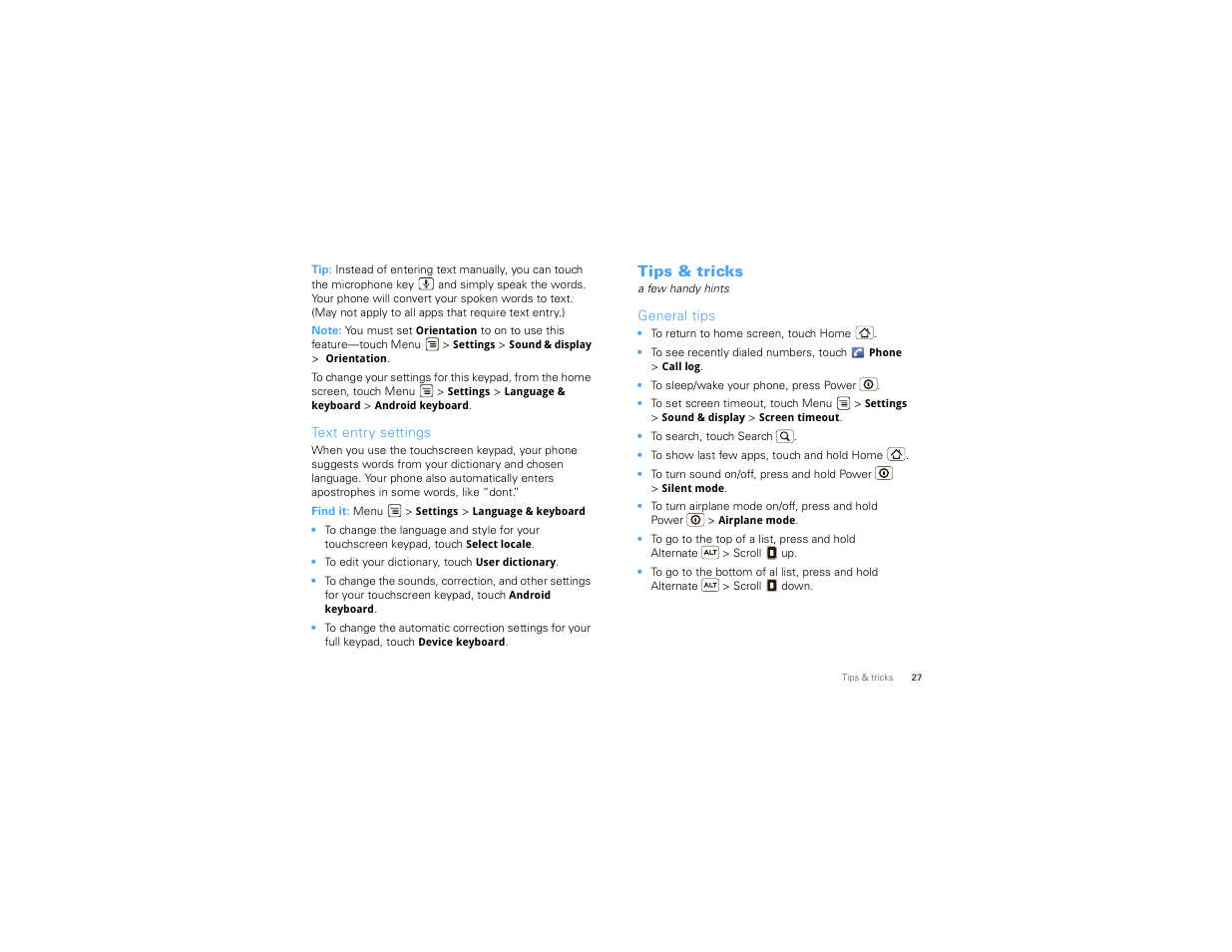 Text entry settings, Tips & tricks, General tips | Motorola 68000202474-C User Manual | Page 29 / 58