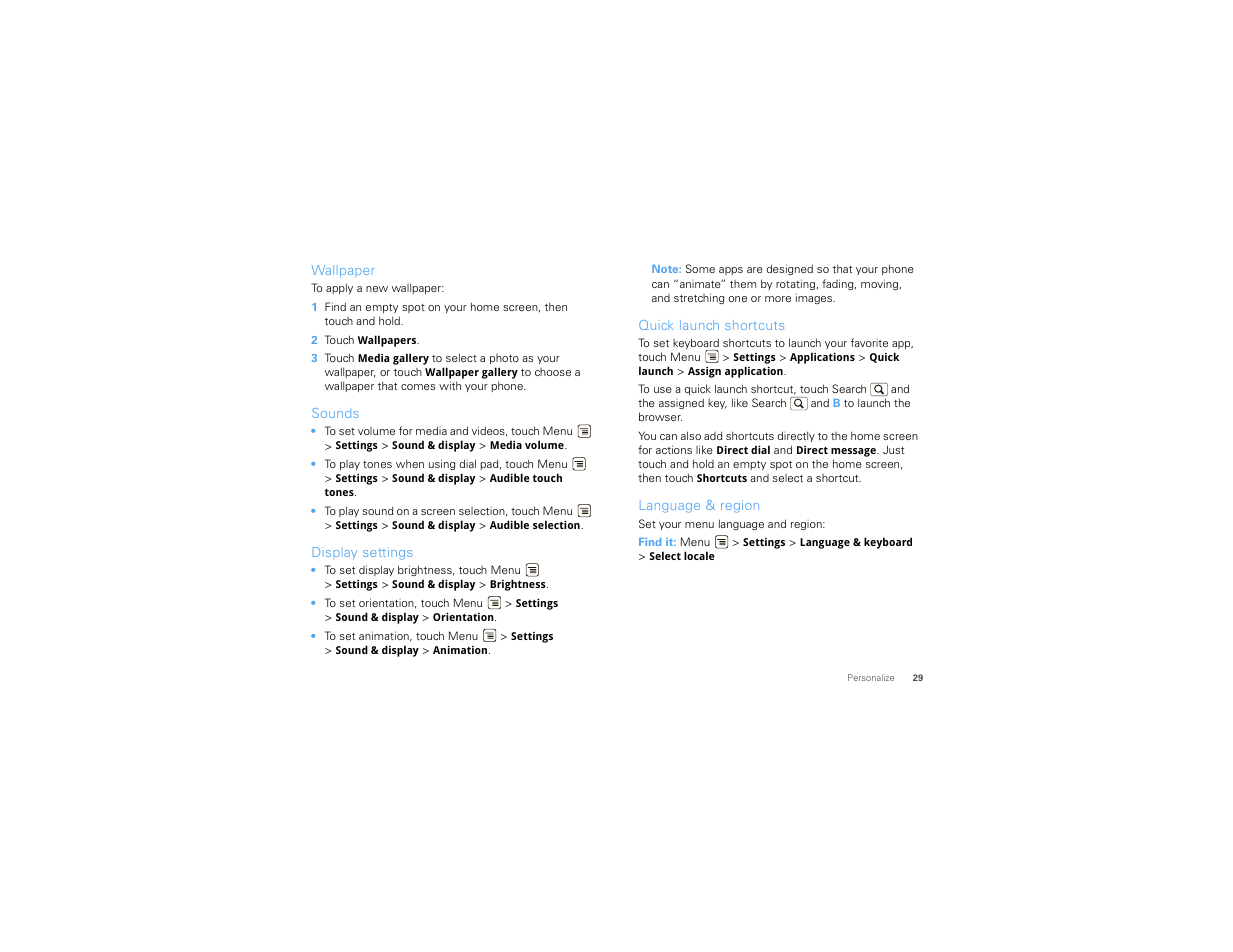 Wallpaper, Sounds, Display settings | Quick launch shortcuts, Language & region | Motorola 68000202474-C User Manual | Page 31 / 58