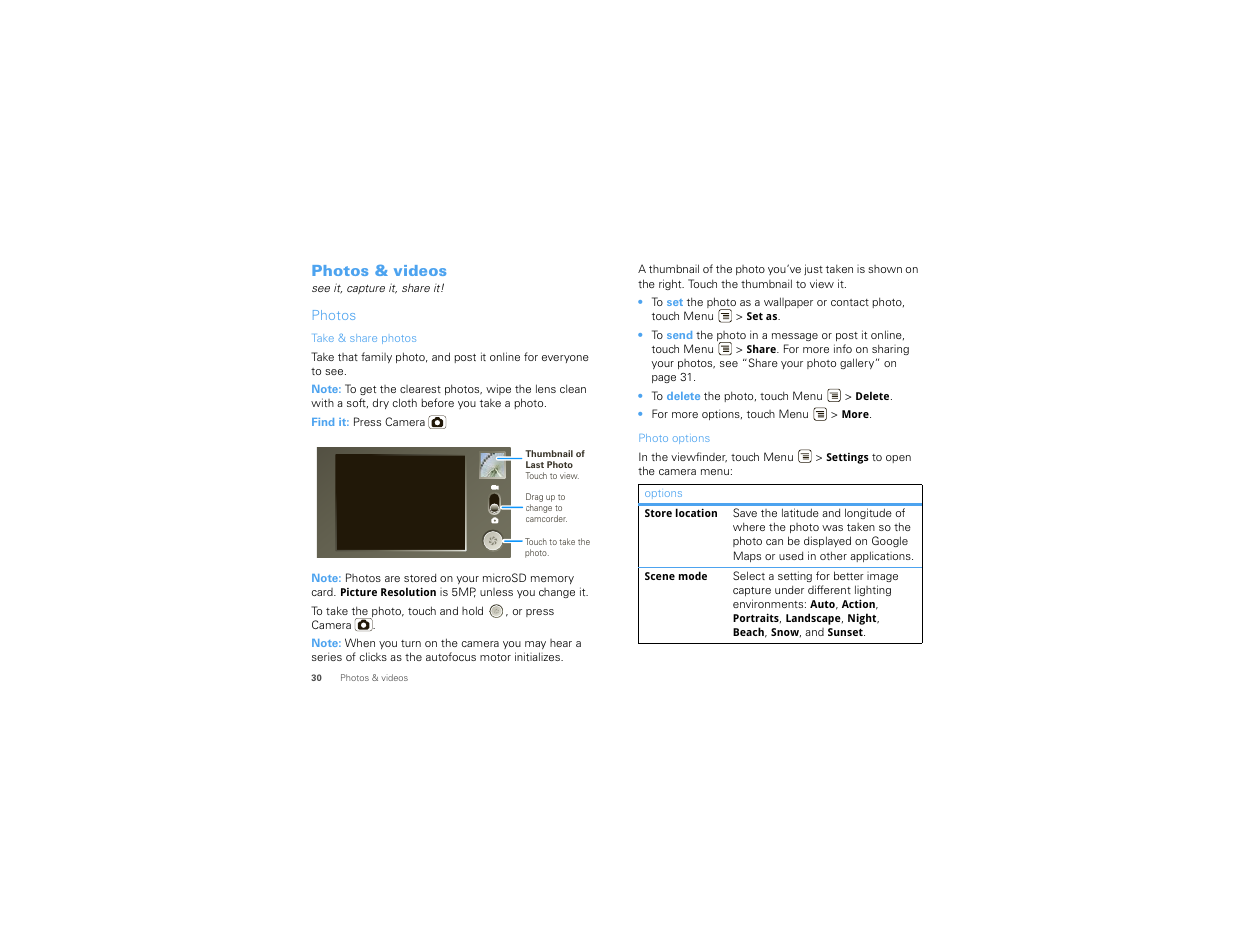 Photos & videos, Photos | Motorola 68000202474-C User Manual | Page 32 / 58