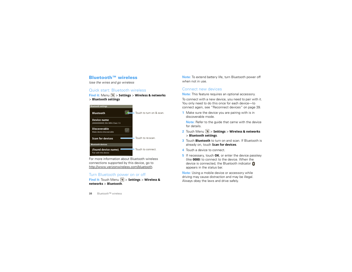 Bluetooth™ wireless, Quick start: bluetooth wireless, Turn bluetooth power on or off | Connect new devices | Motorola 68000202474-C User Manual | Page 40 / 58