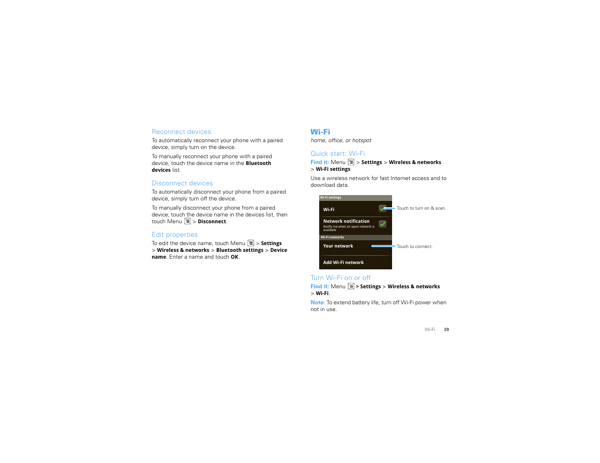 Reconnect devices, Disconnect devices, Edit properties | Wi-fi, Quick start: wi-fi, Turn wi-fi on or off | Motorola 68000202474-C User Manual | Page 41 / 58