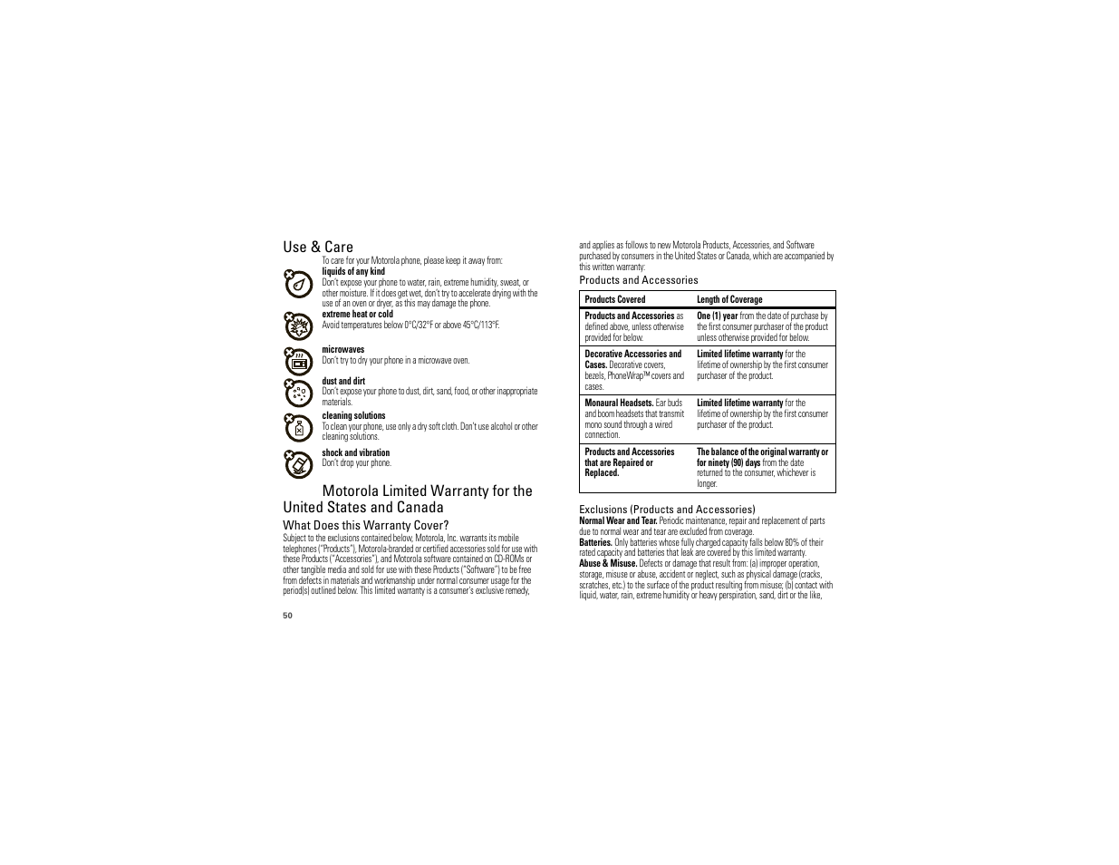 Use & care, Warranty | Motorola 68000202474-C User Manual | Page 52 / 58