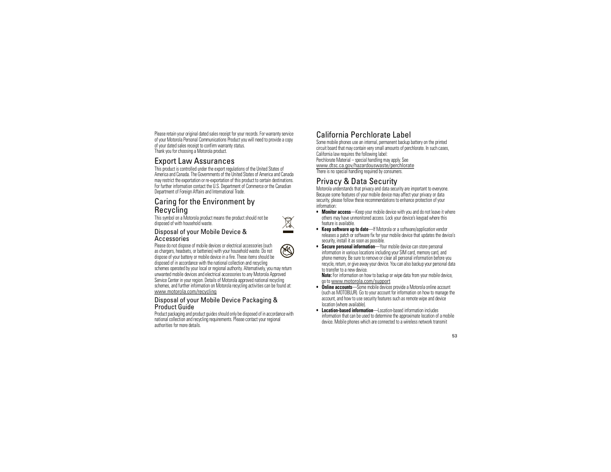 Export law, Recycling information, Perchlorate label | Privacy & data security, Export law assurances, Caring for the environment by recycling, California perchlorate label | Motorola 68000202474-C User Manual | Page 55 / 58