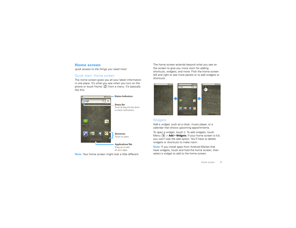 Home screen, Quick start: home screen, Widgets | Motorola 68000202474-C User Manual | Page 9 / 58