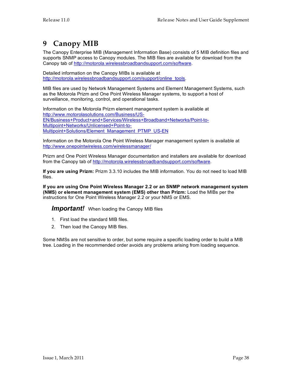 9 canopy mib, Important | Motorola Canopy FSK and OFDM radios PTP 100 (FSK) User Manual | Page 38 / 56