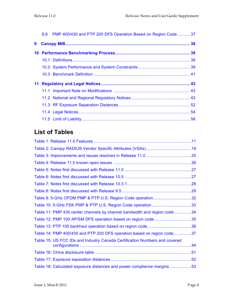 List of tables | Motorola Canopy FSK and OFDM radios PTP 100 (FSK) User Manual | Page 4 / 56