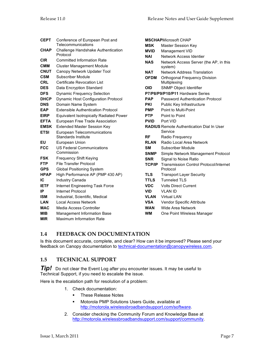 4 feedback on documentation, 5 technical support | Motorola Canopy FSK and OFDM radios PTP 100 (FSK) User Manual | Page 7 / 56
