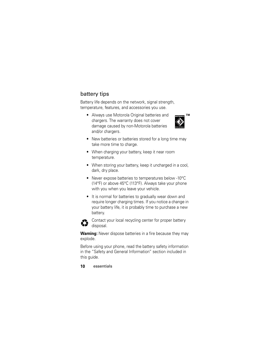 Battery tips | Motorola HELLOMOTO SLVR L7 User Manual | Page 10 / 104