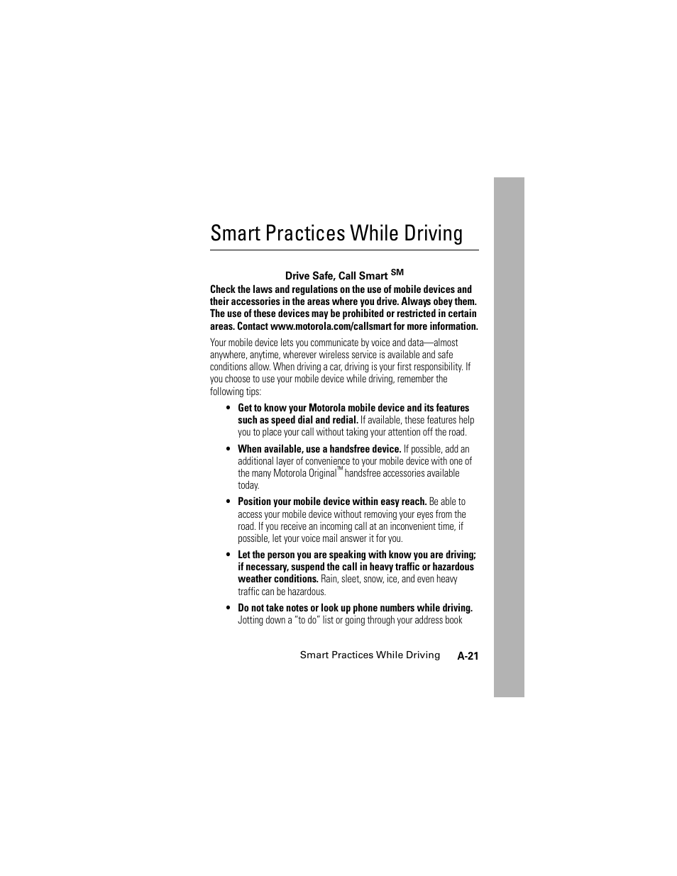 Smart practices while driving | Motorola HELLOMOTO SLVR L7 User Manual | Page 103 / 104