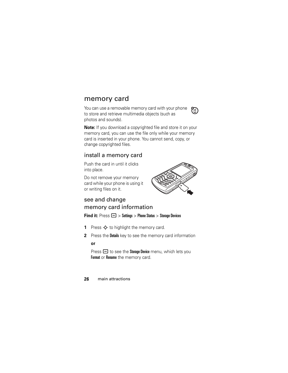 Memory card, 26), and | Motorola HELLOMOTO SLVR L7 User Manual | Page 26 / 104