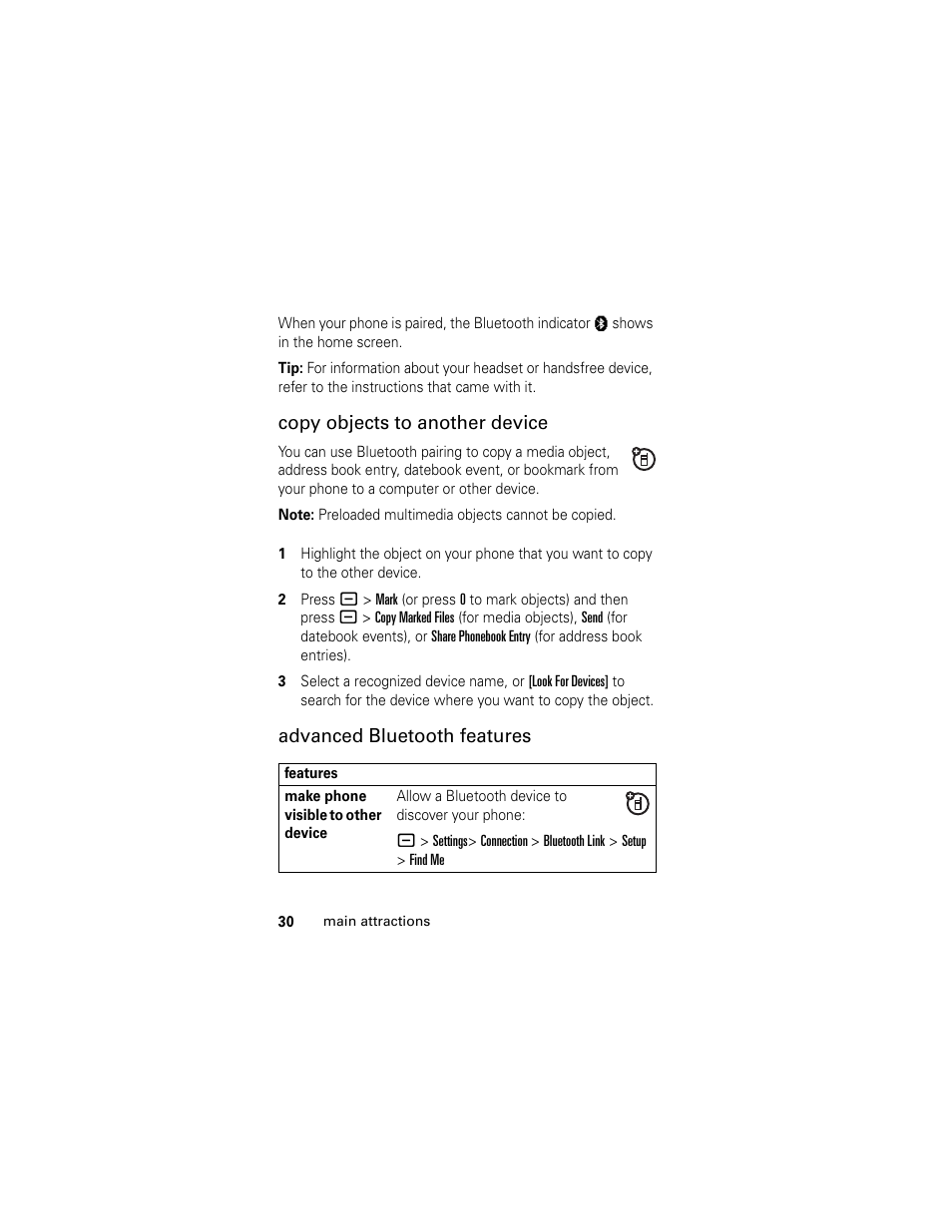 Copy objects to another device, Advanced bluetooth features | Motorola HELLOMOTO SLVR L7 User Manual | Page 30 / 104