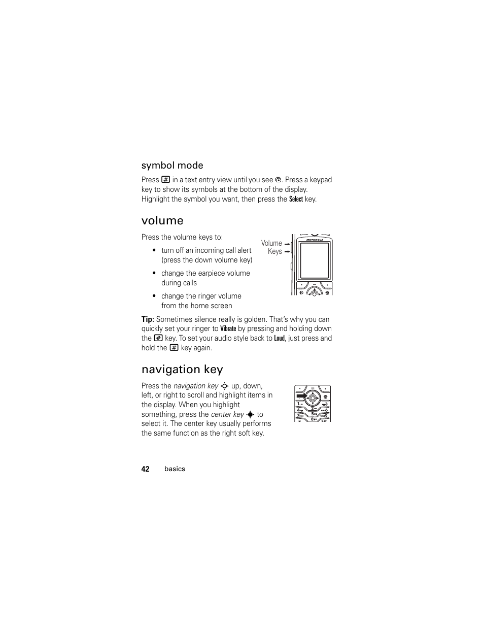 Volume, Navigation key, Volume navigation key | Motorola HELLOMOTO SLVR L7 User Manual | Page 42 / 104