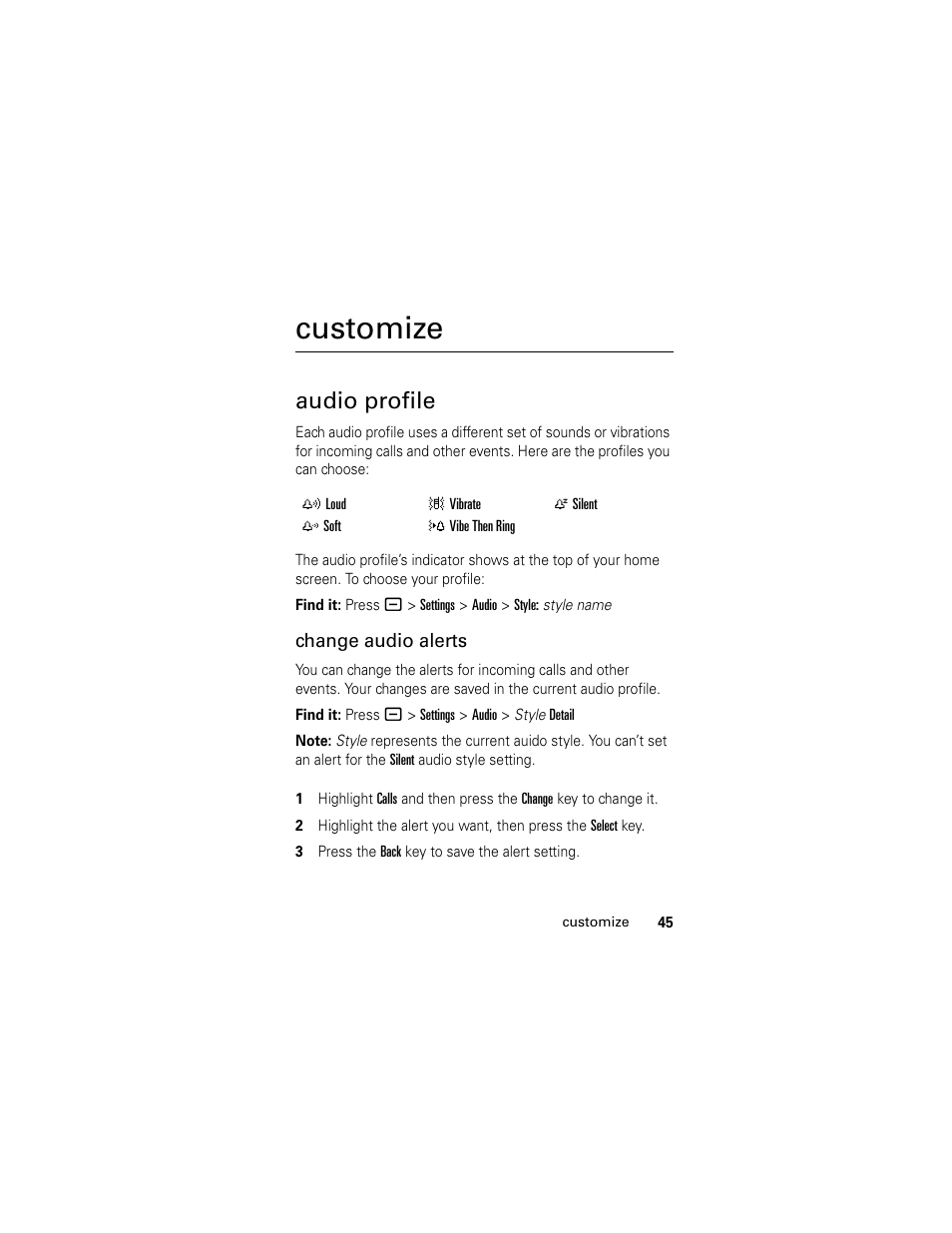 Customize, Audio profile | Motorola HELLOMOTO SLVR L7 User Manual | Page 45 / 104