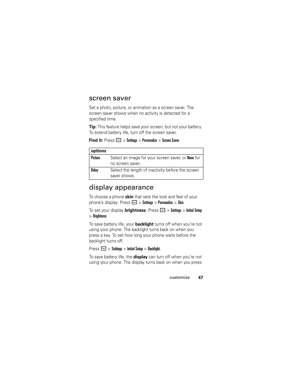 Screen saver, Display appearance, Screen saver display appearance | Motorola HELLOMOTO SLVR L7 User Manual | Page 47 / 104