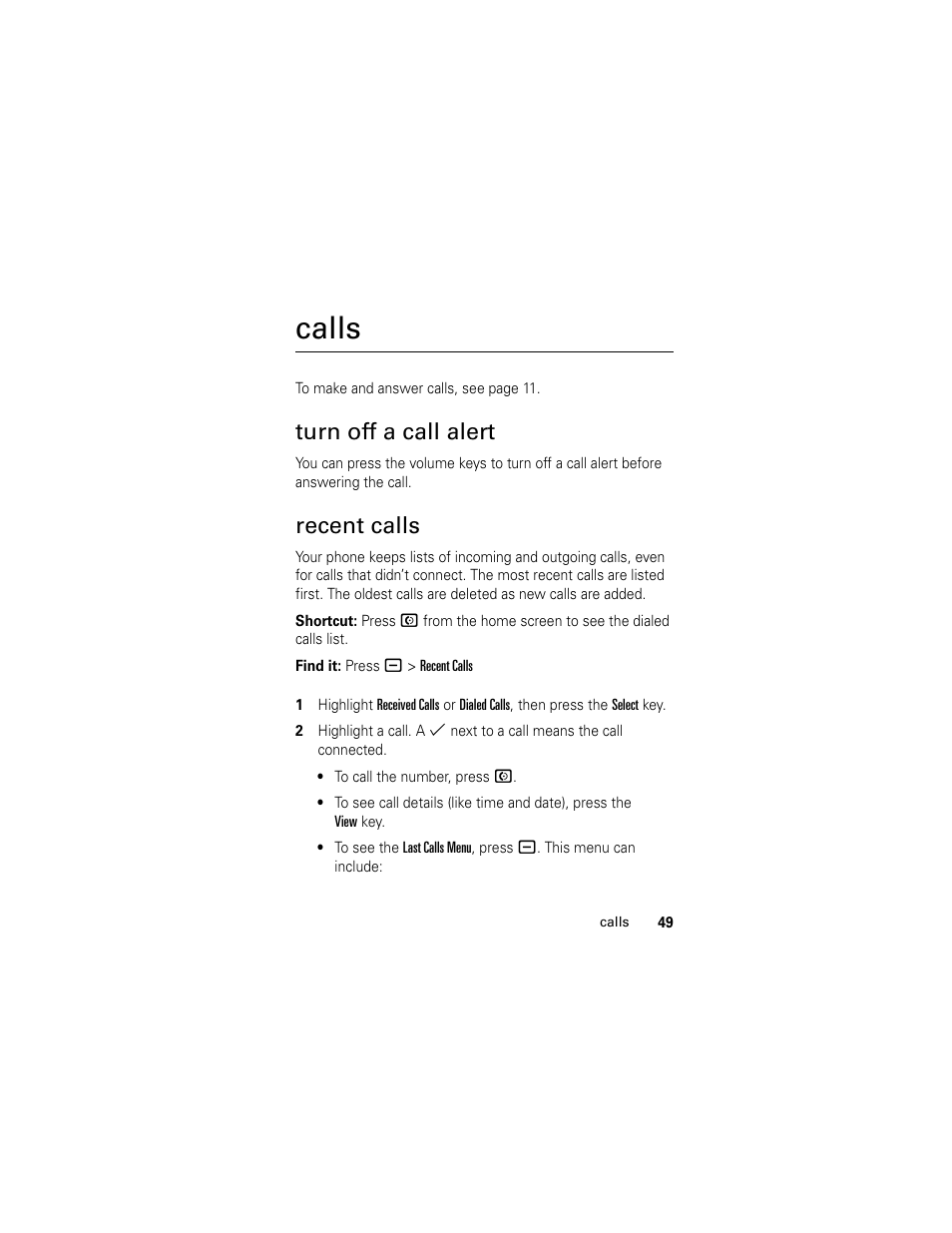 Calls, Turn off a call alert, Recent calls | Turn off a call alert recent calls | Motorola HELLOMOTO SLVR L7 User Manual | Page 49 / 104