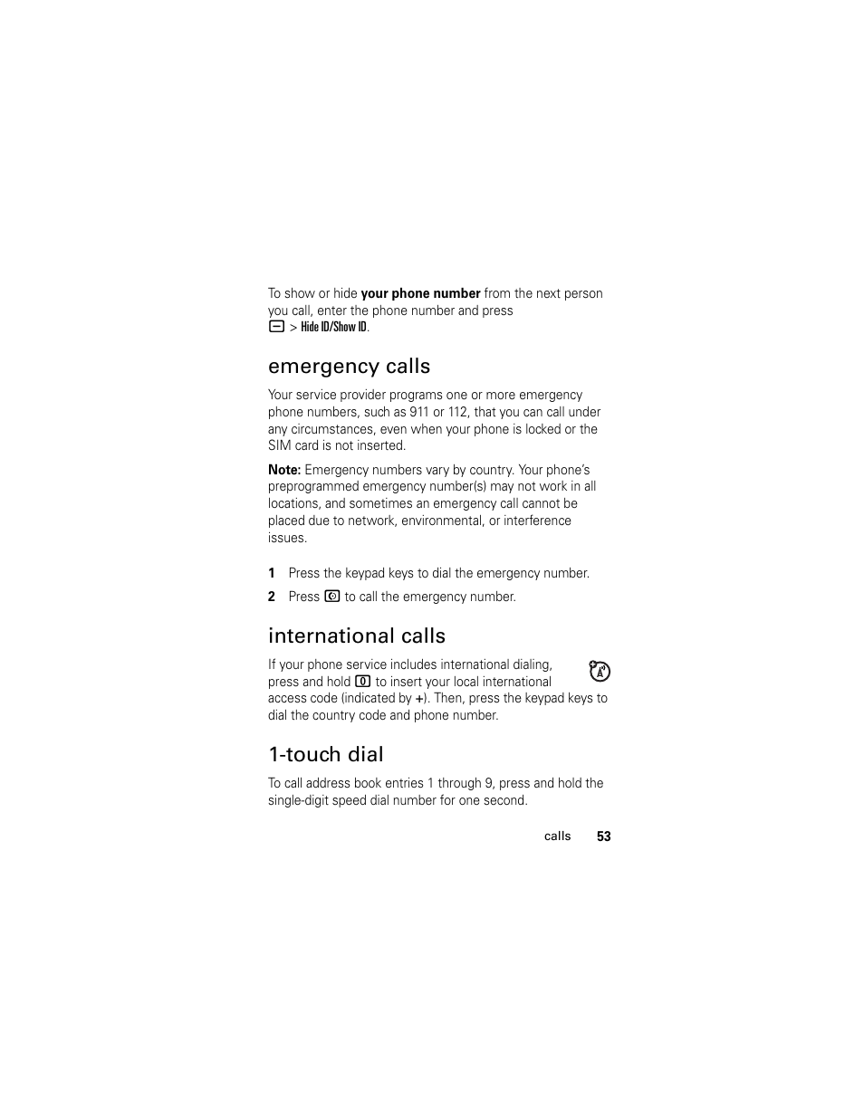 Emergency calls, International calls, Touch dial | Emergency calls international calls 1-touch dial | Motorola HELLOMOTO SLVR L7 User Manual | Page 53 / 104