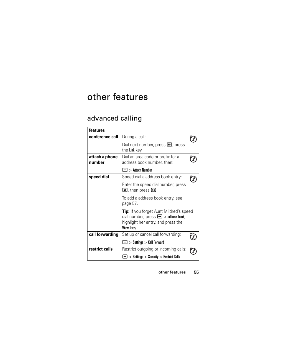 Other features, Advanced calling | Motorola HELLOMOTO SLVR L7 User Manual | Page 55 / 104