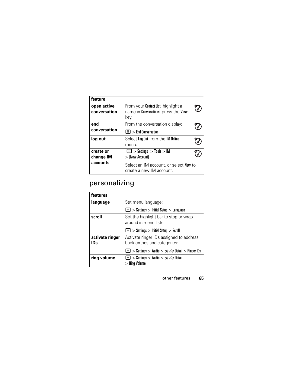 Personalizing | Motorola HELLOMOTO SLVR L7 User Manual | Page 65 / 104